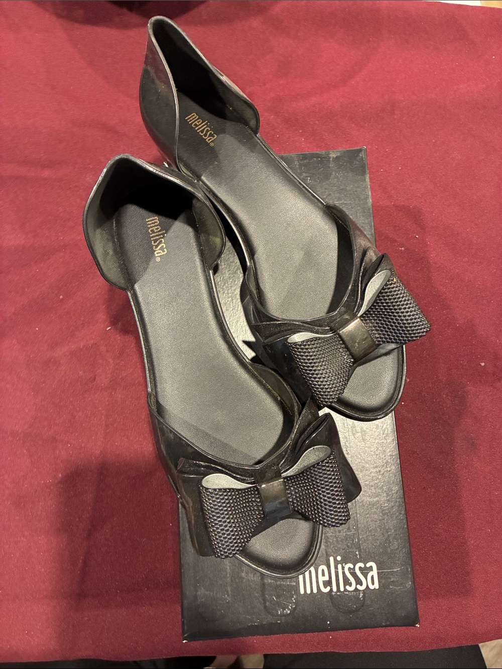 Melissa Black Open-Toe Flats with Textured Bow